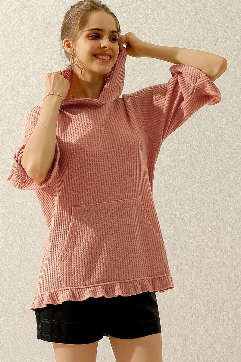 HOODED 3/4 RUFFLED SLEEVE KNIT SWEATER WITH POCKET - Doublju