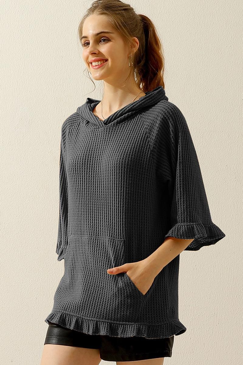 HOODED 3/4 RUFFLED SLEEVE KNIT SWEATER WITH POCKET - Doublju