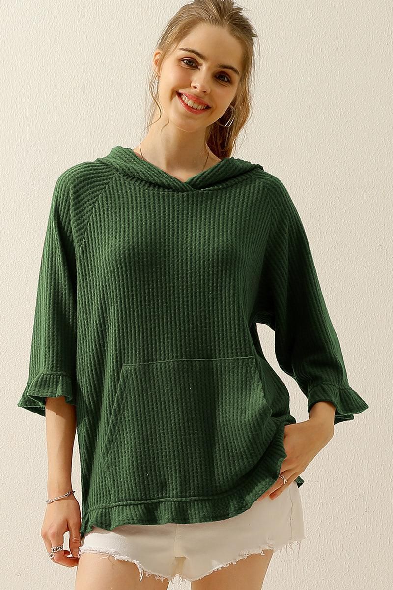 HOODED 3/4 RUFFLED SLEEVE KNIT SWEATER WITH POCKET - Doublju