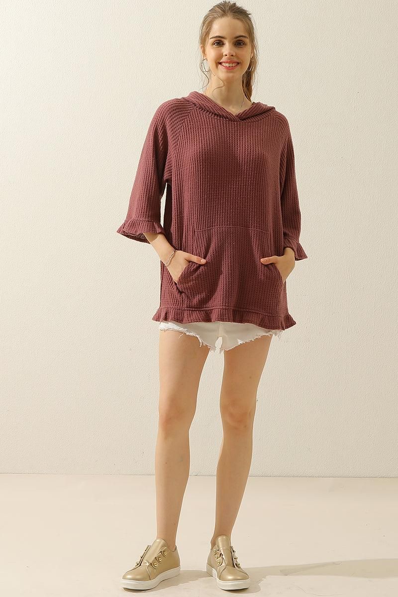 HOODED 3/4 RUFFLED SLEEVE KNIT SWEATER WITH POCKET - Doublju