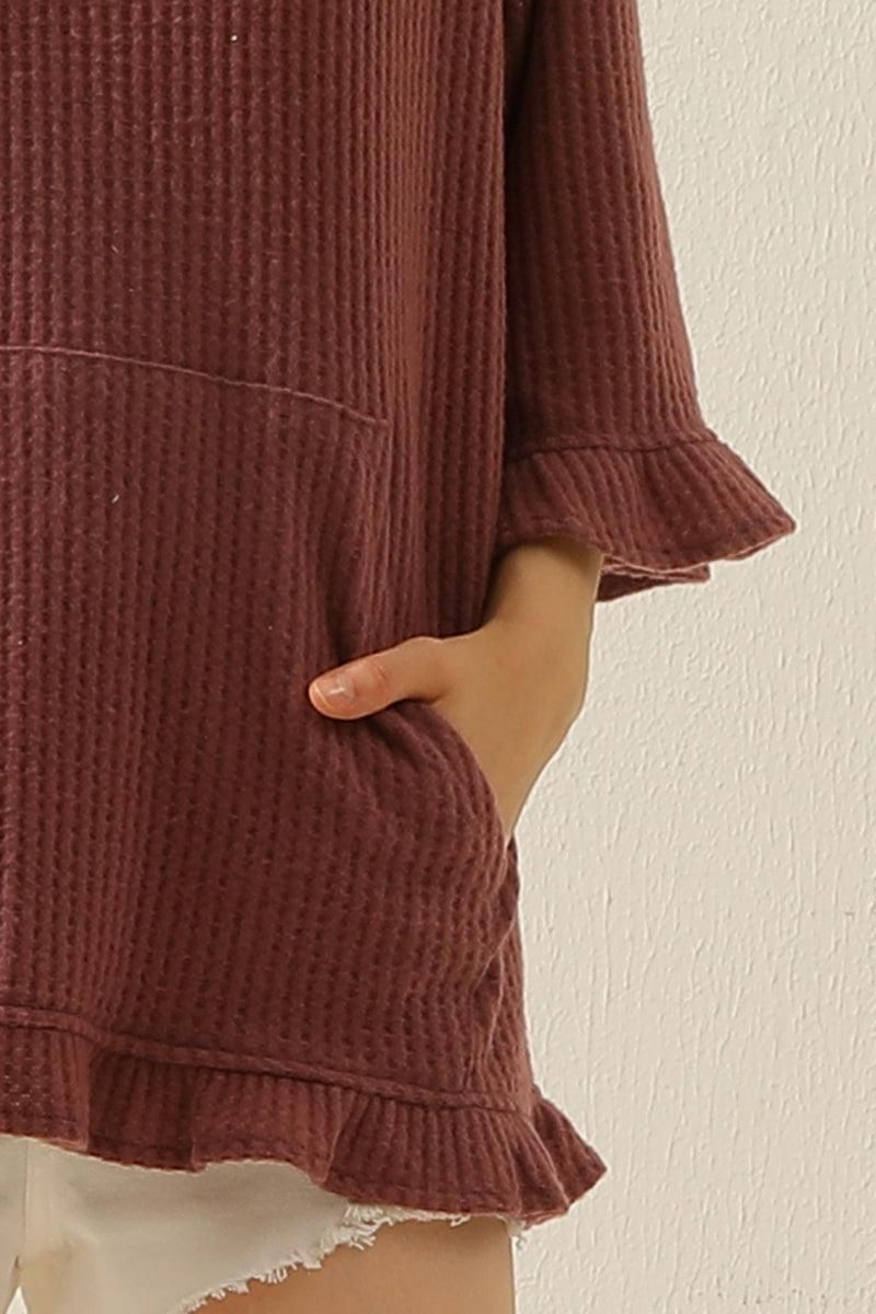 HOODED 3/4 RUFFLED SLEEVE KNIT SWEATER WITH POCKET - Doublju