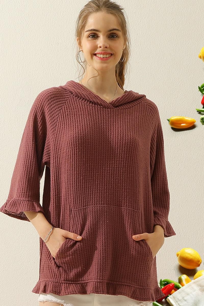 HOODED 3/4 RUFFLED SLEEVE KNIT SWEATER WITH POCKET - Doublju