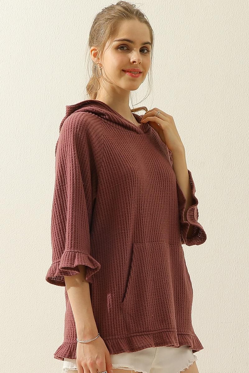 HOODED 3/4 RUFFLED SLEEVE KNIT SWEATER WITH POCKET - Doublju