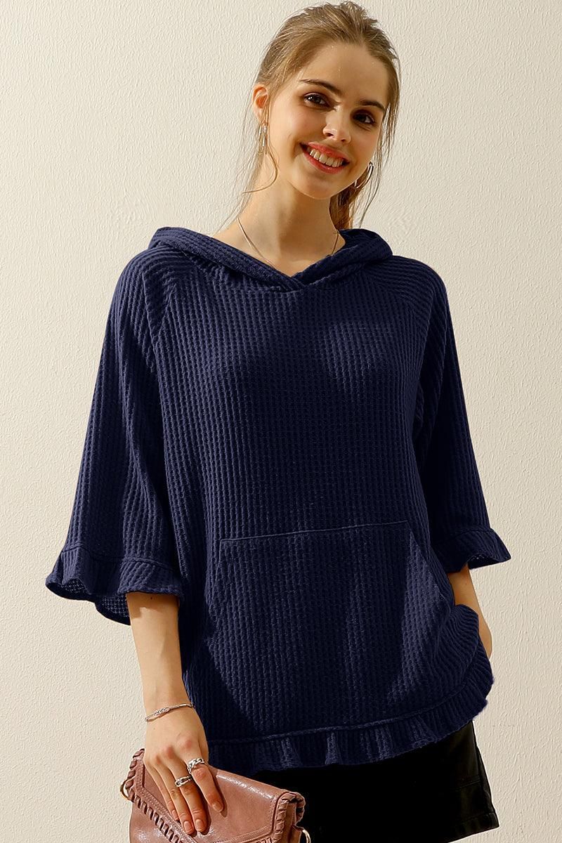 HOODED 3/4 RUFFLED SLEEVE KNIT SWEATER WITH POCKET - Doublju