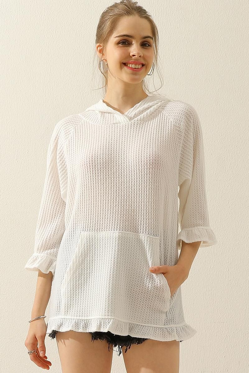 HOODED 3/4 RUFFLED SLEEVE KNIT SWEATER WITH POCKET - Doublju