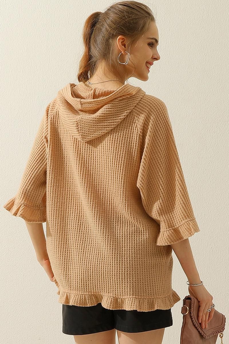 HOODED 3/4 RUFFLED SLEEVE KNIT SWEATER WITH POCKET - Doublju