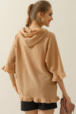 HOODED 3/4 RUFFLED SLEEVE KNIT SWEATER WITH POCKET - Doublju