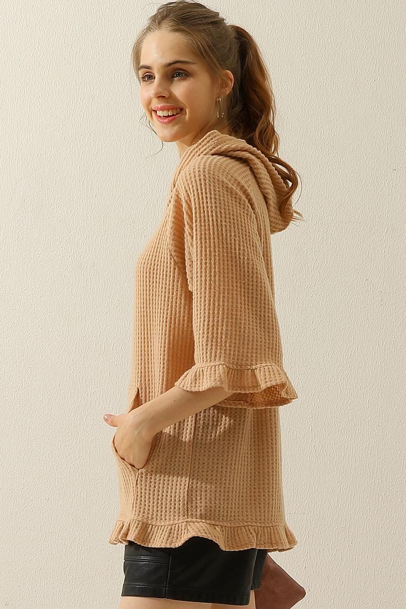 HOODED 3/4 RUFFLED SLEEVE KNIT SWEATER WITH POCKET - Doublju