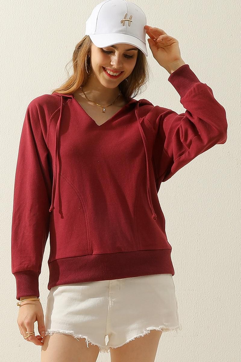 V NECK COTTON HOOIDE SWEATSHIRT TOP - Doublju