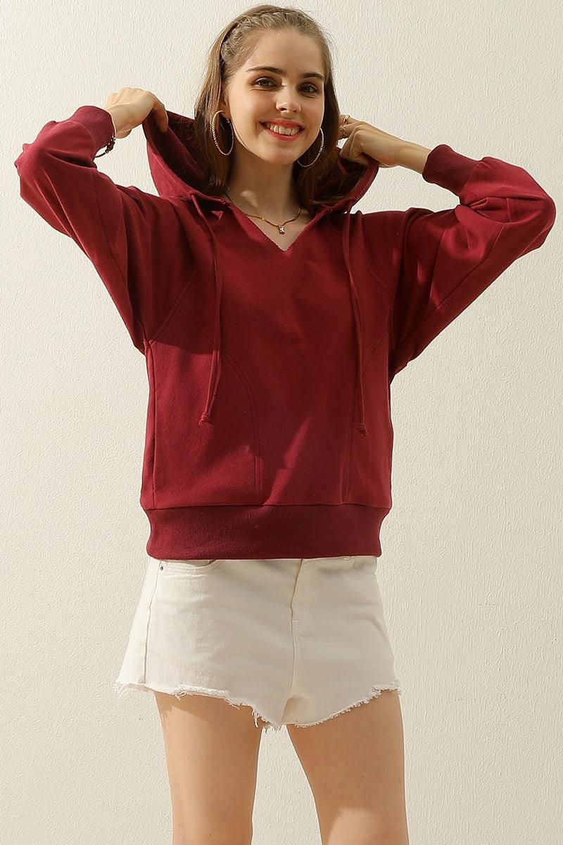 V NECK COTTON HOOIDE SWEATSHIRT TOP - Doublju