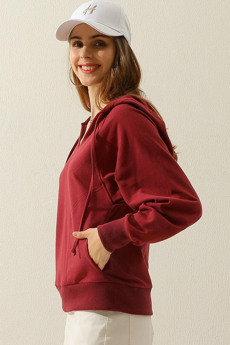 V NECK COTTON HOOIDE SWEATSHIRT TOP - Doublju