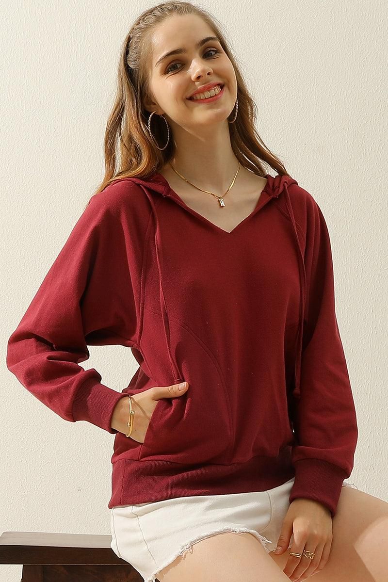 V NECK COTTON HOOIDE SWEATSHIRT TOP - Doublju