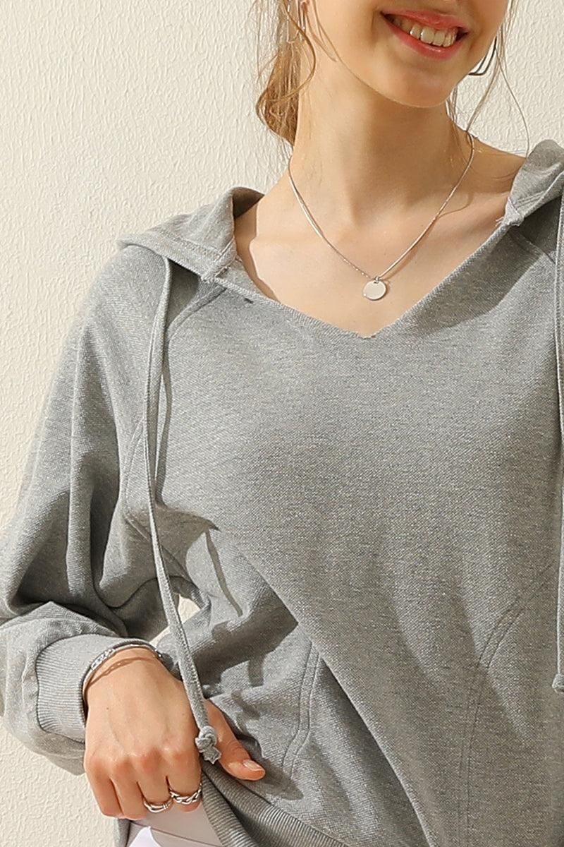 V NECK COTTON HOOIDE SWEATSHIRT TOP - Doublju