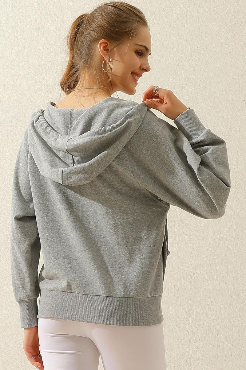 V NECK COTTON HOOIDE SWEATSHIRT TOP - Doublju