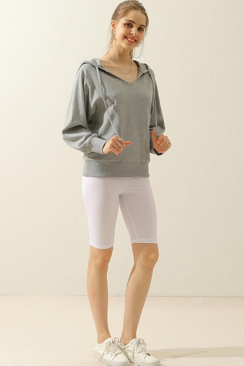 V NECK COTTON HOOIDE SWEATSHIRT TOP - Doublju