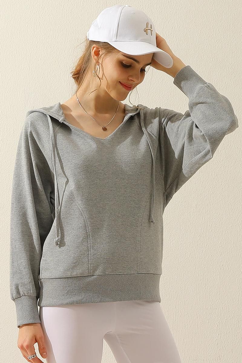 V NECK COTTON HOOIDE SWEATSHIRT TOP - Doublju