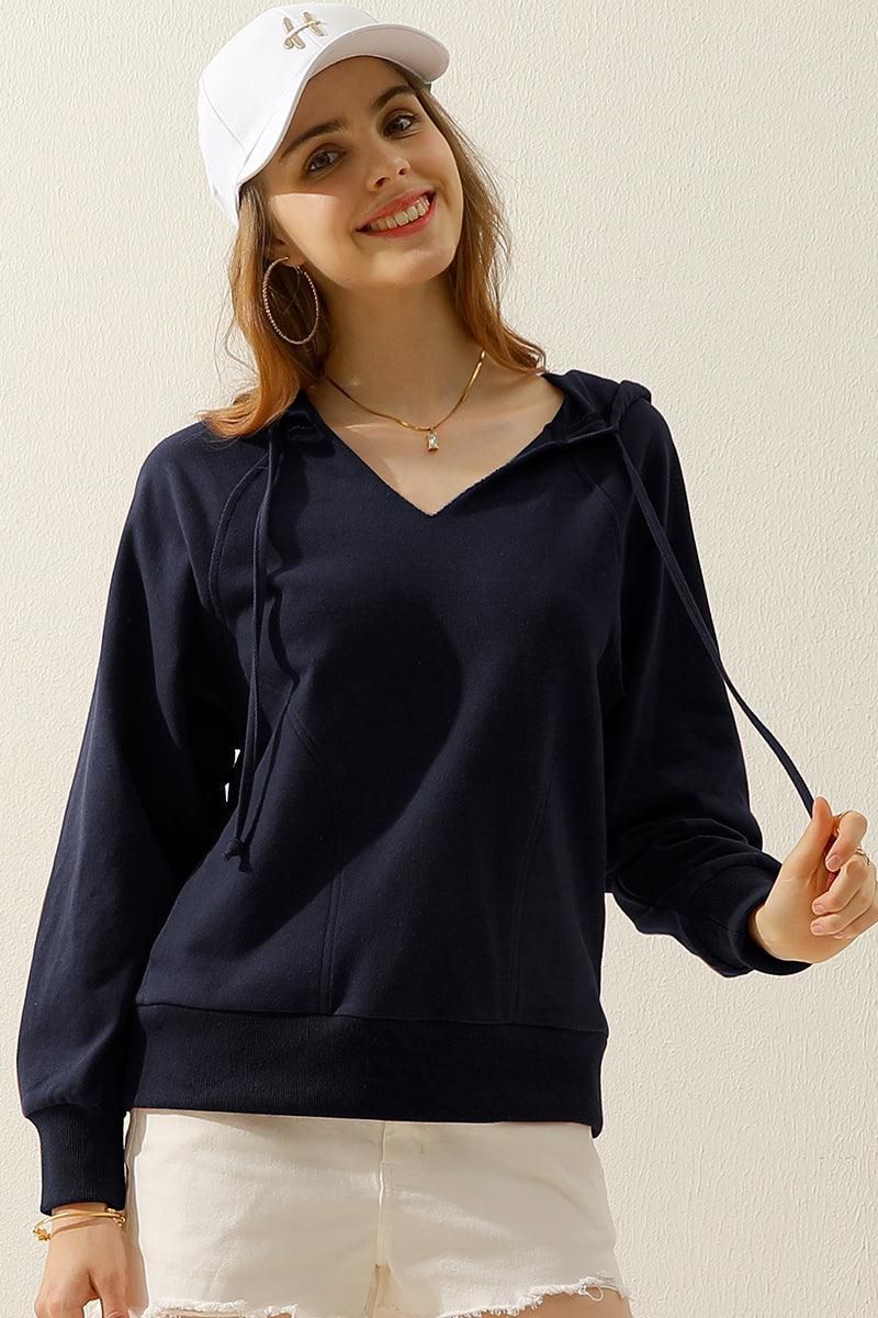 V NECK COTTON HOOIDE SWEATSHIRT TOP - Doublju