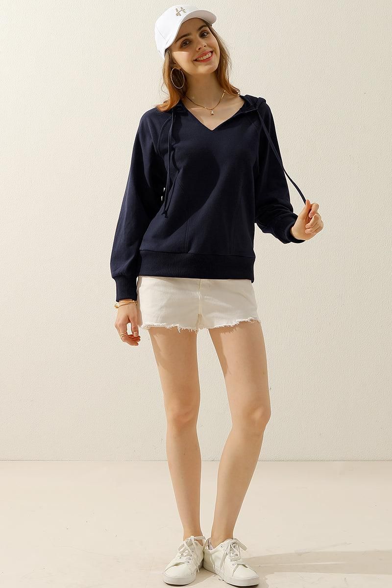 V NECK COTTON HOOIDE SWEATSHIRT TOP - Doublju