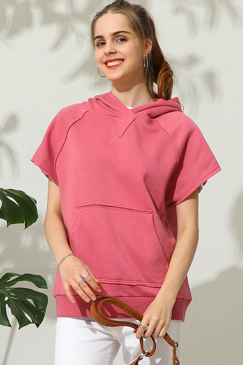 SHORT SLEEVE HOODIE SWEATSHIRT KANGAROO POCKET - Doublju