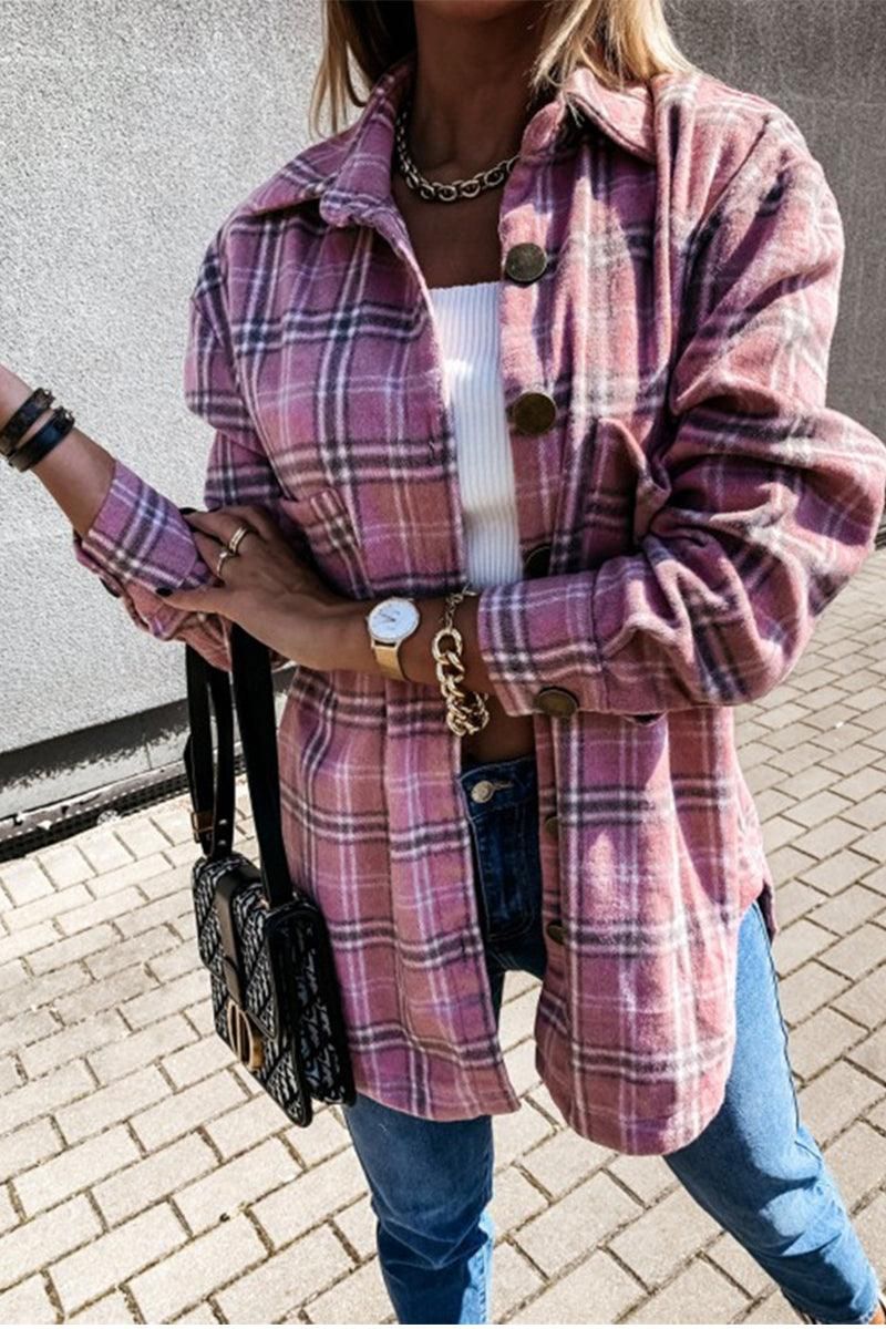 LOOSE FIT PLAID BIG BUTTONED JACKET - Doublju