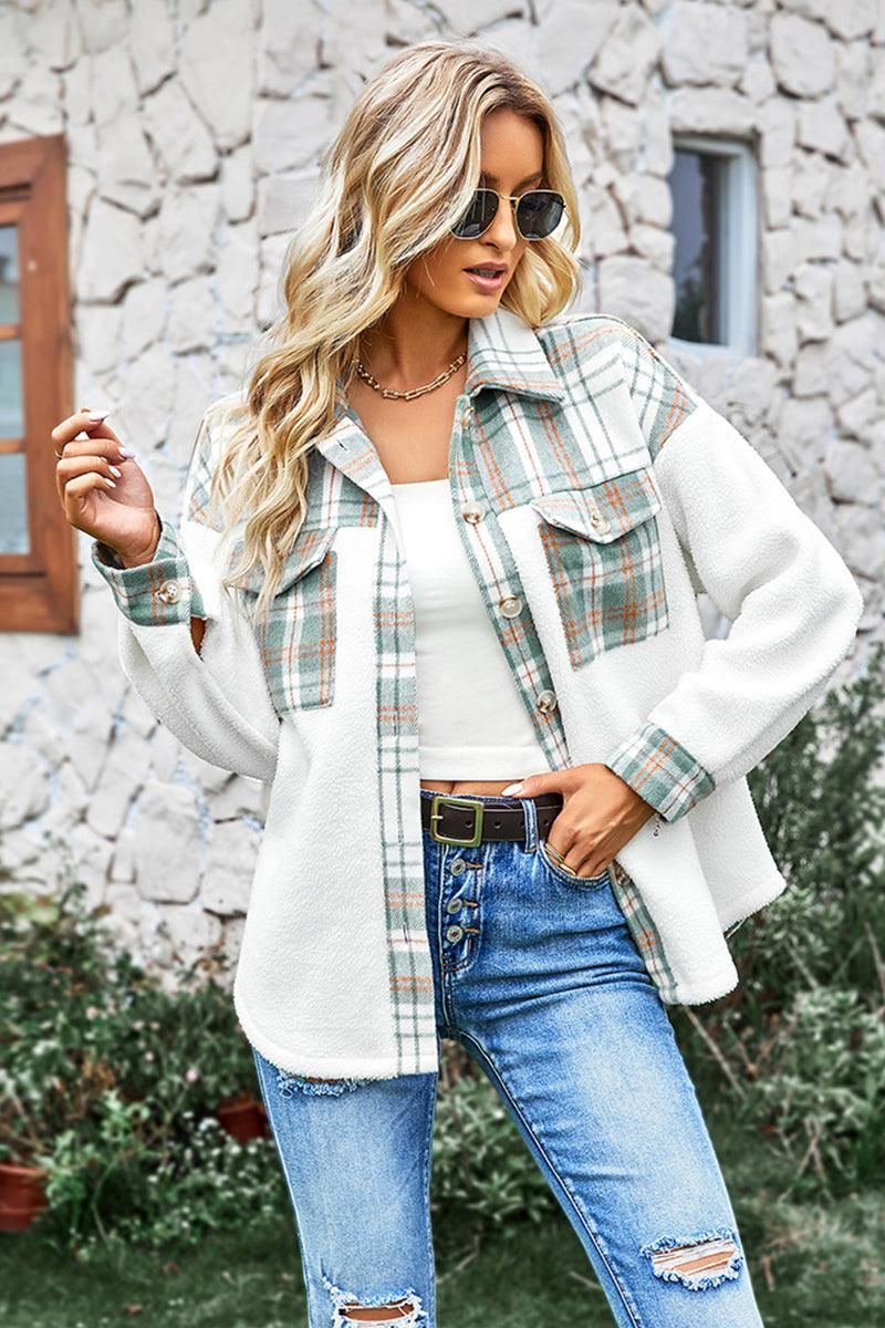 BLOCK PLAID BUTTONED CASUAL SHIRTS JACKET - Doublju