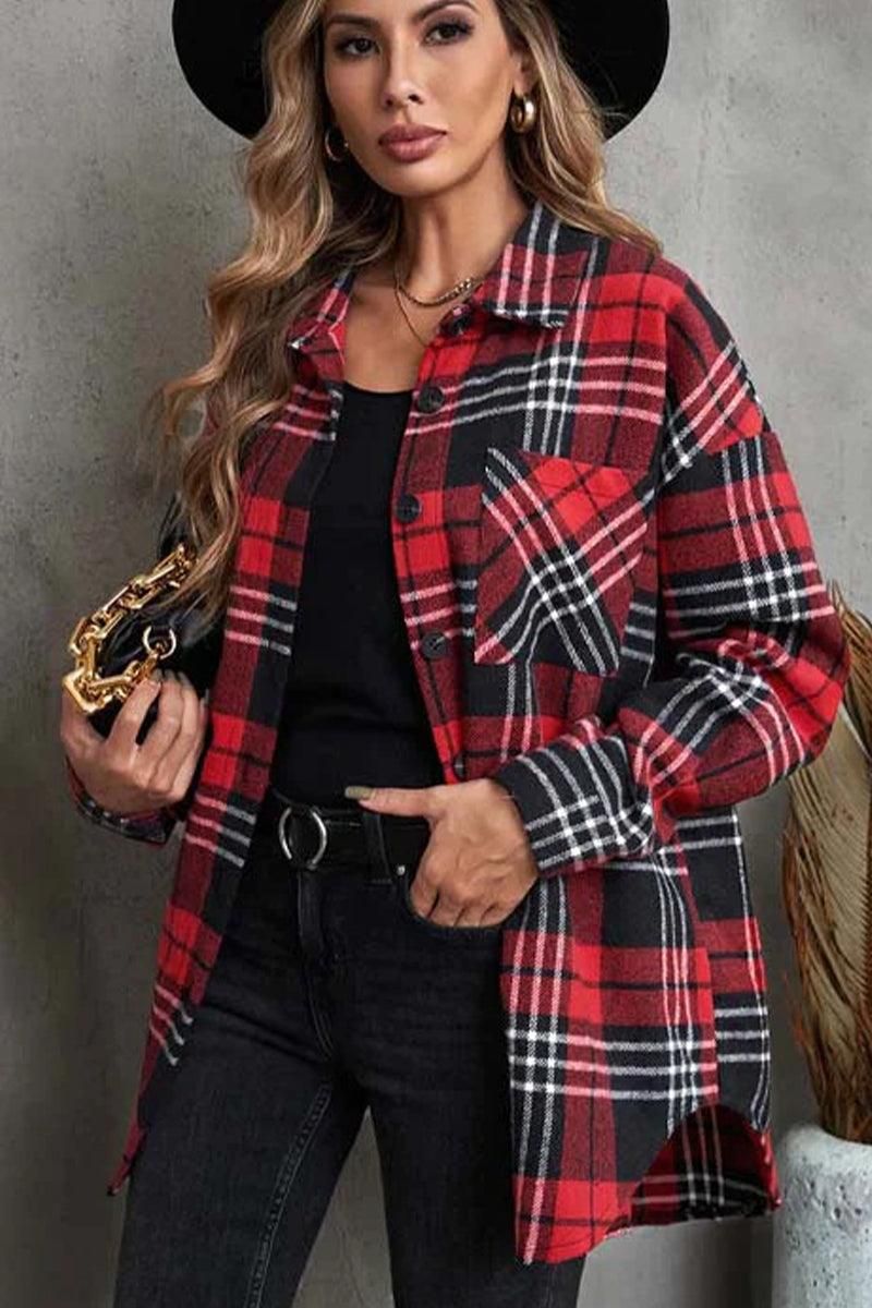 WOMEN PLAID BUTTON UP CASUAL SHACKET WITH POCKETS - Doublju