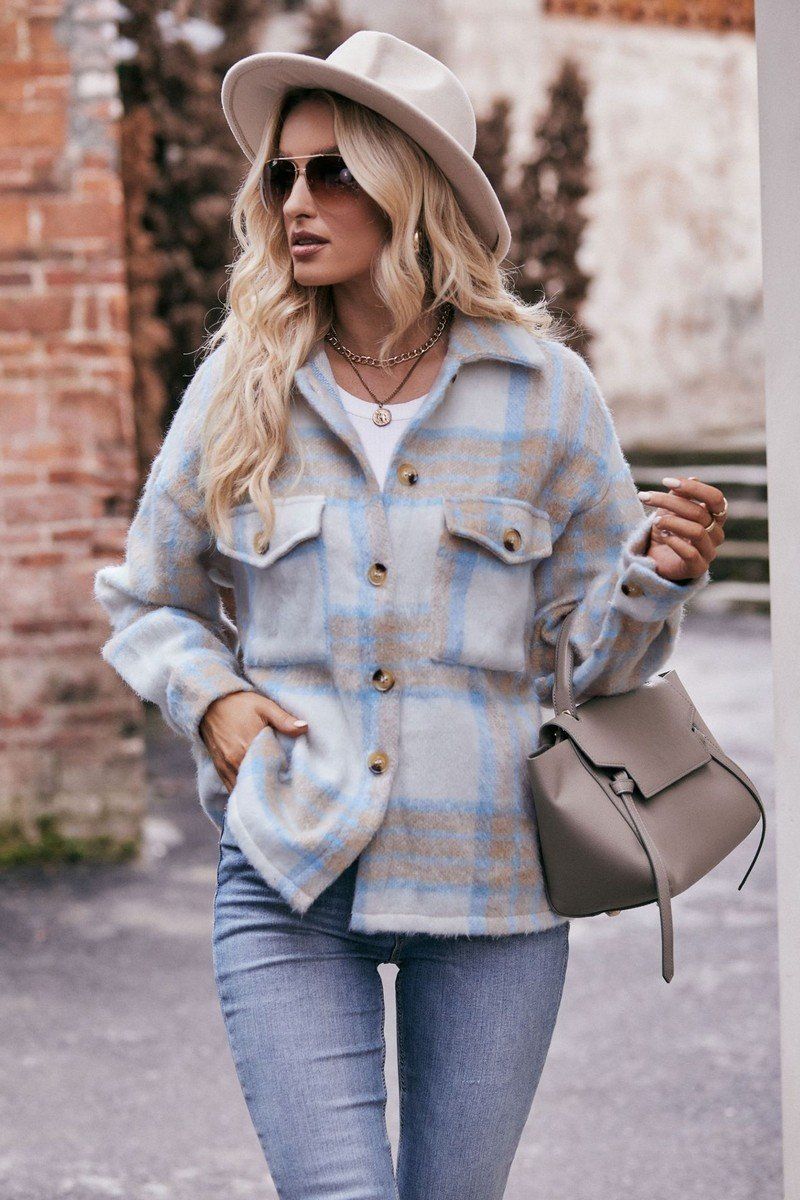 WOMEN BUTTON PLAID JACKET WITH POCKETS