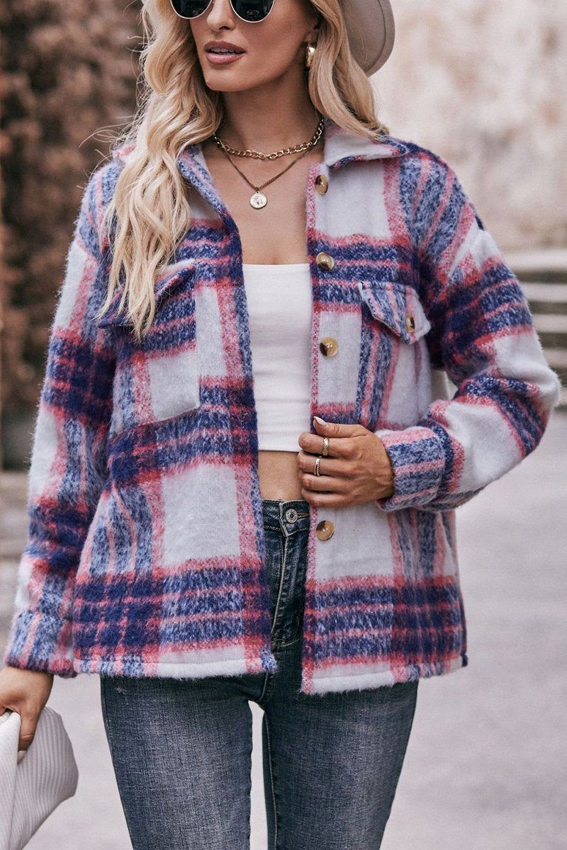 WOMEN BUTTON PLAID JACKET WITH POCKETS