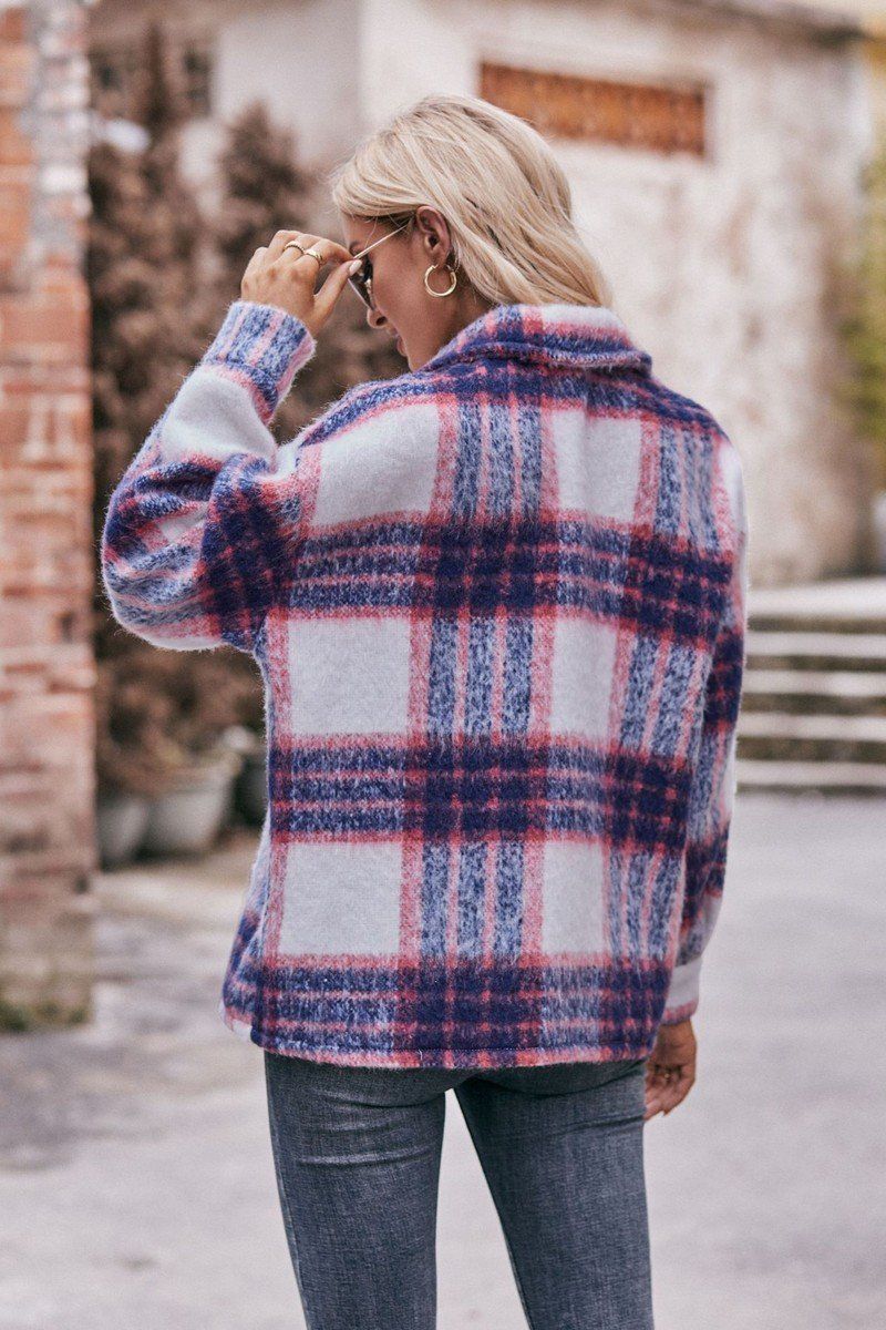 WOMEN BUTTON PLAID JACKET WITH POCKETS