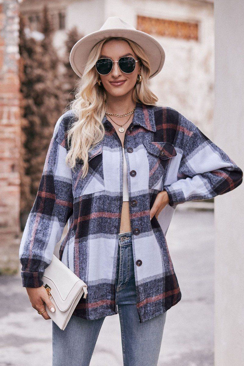 WOMEN FLIP TIE POCKET LOOSE PLAID JACKET