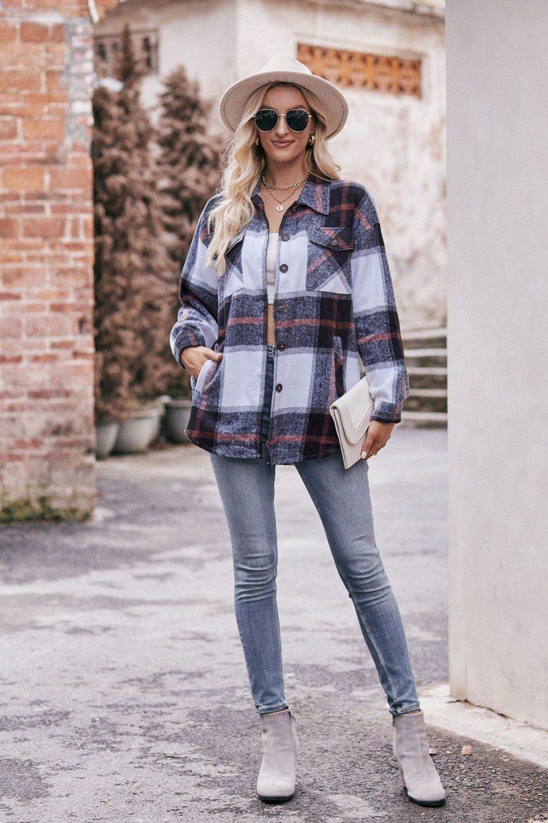 WOMEN FLIP TIE POCKET LOOSE PLAID JACKET