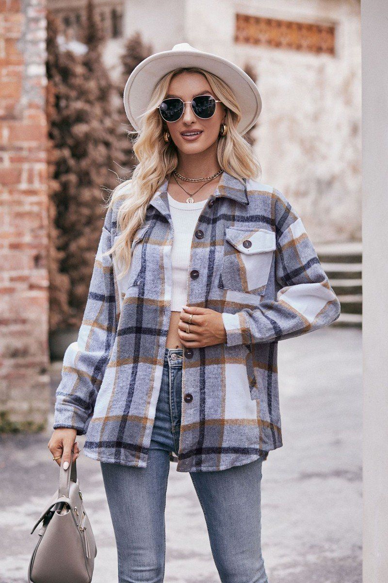 WOMEN FLIP TIE POCKET LOOSE PLAID JACKET