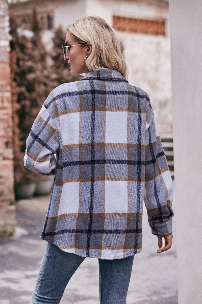 WOMEN FLIP TIE POCKET LOOSE PLAID JACKET