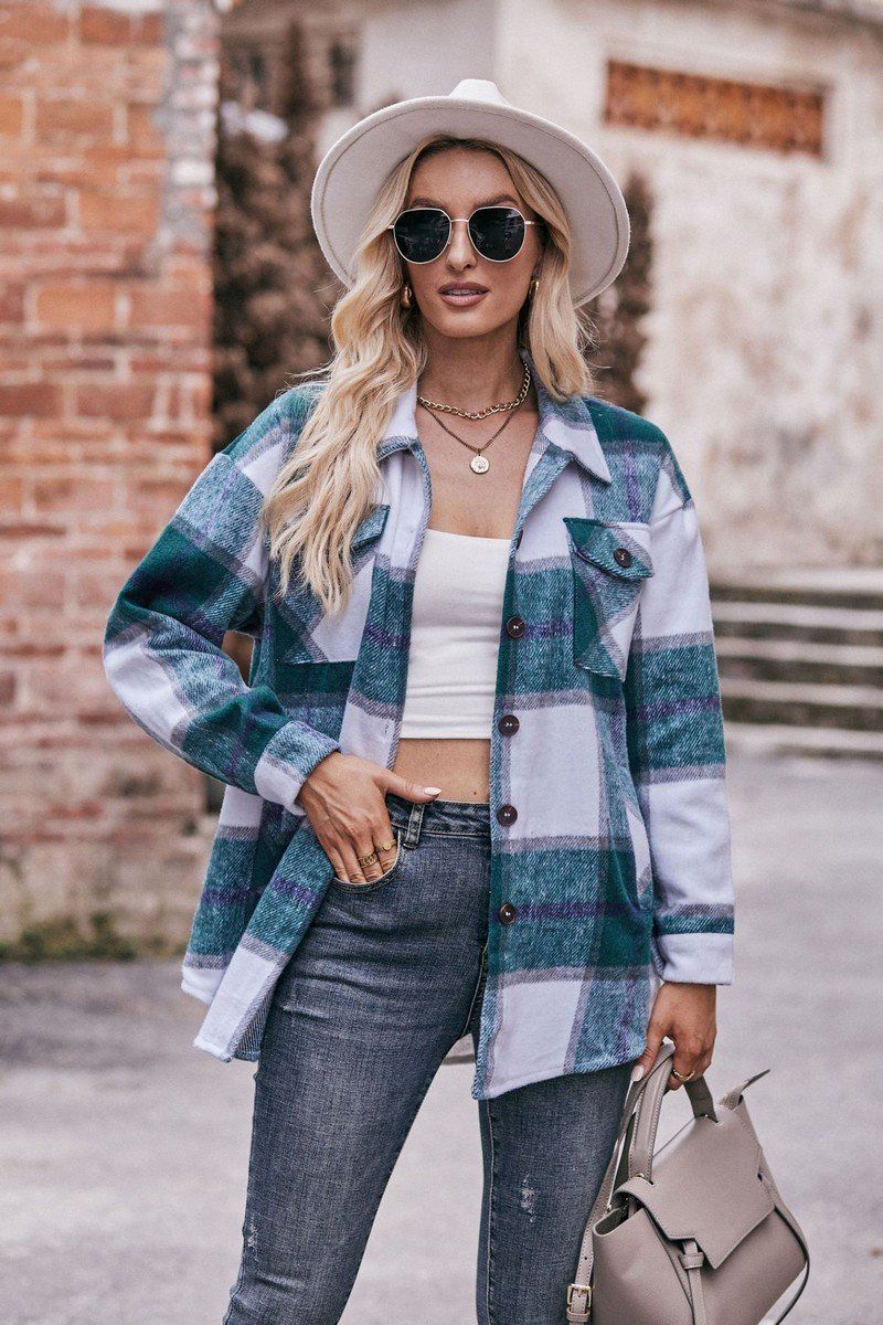 WOMEN FLIP TIE POCKET LOOSE PLAID JACKET