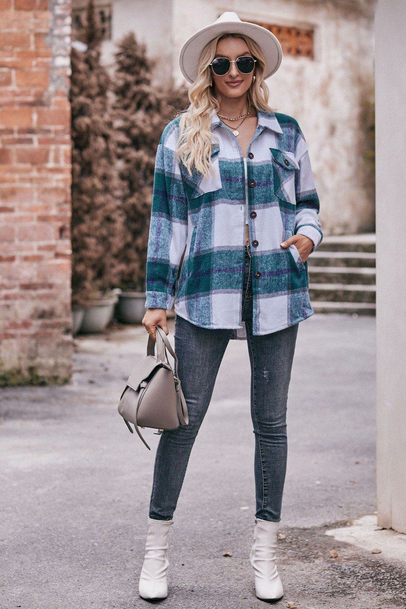 WOMEN FLIP TIE POCKET LOOSE PLAID JACKET