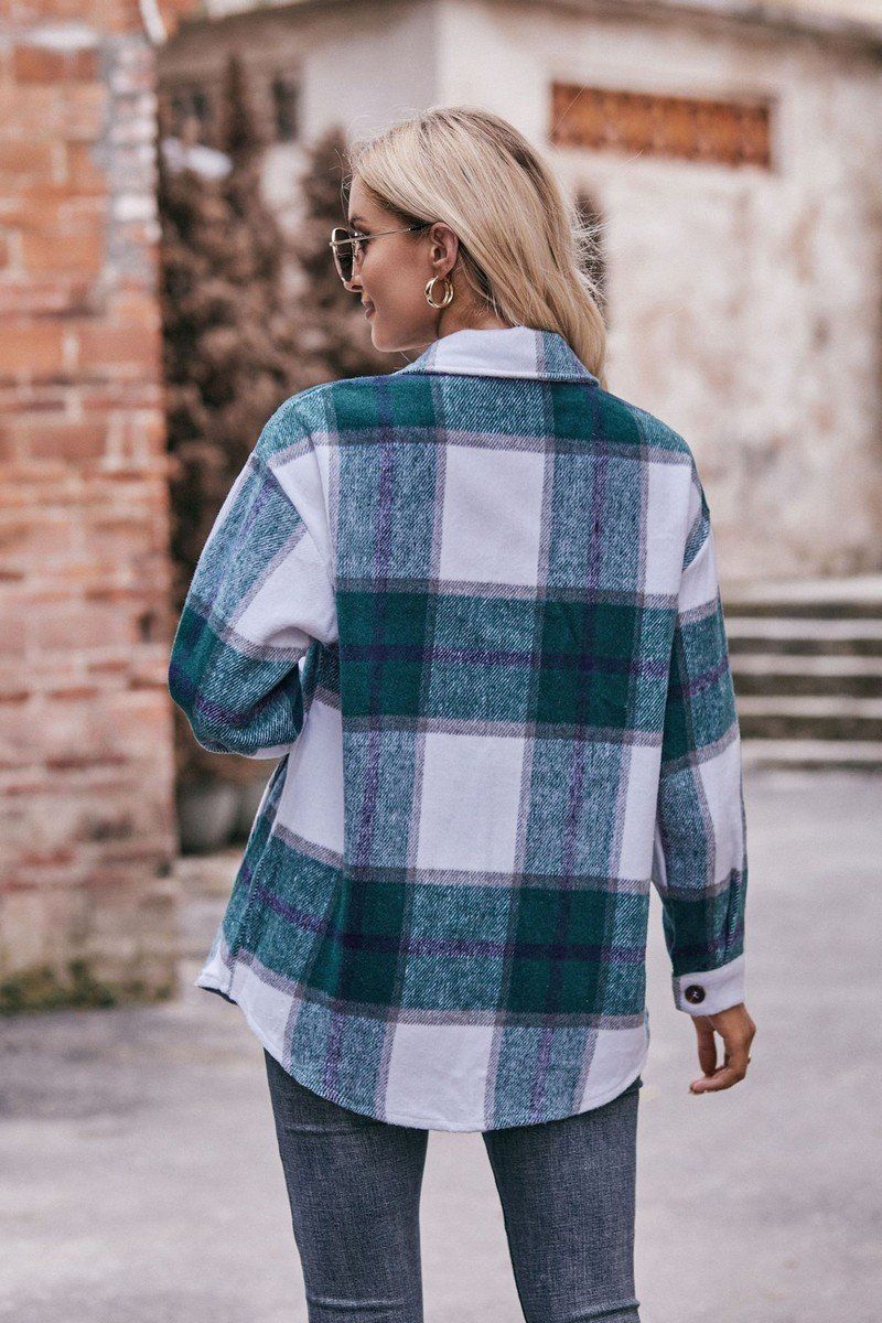 WOMEN FLIP TIE POCKET LOOSE PLAID JACKET