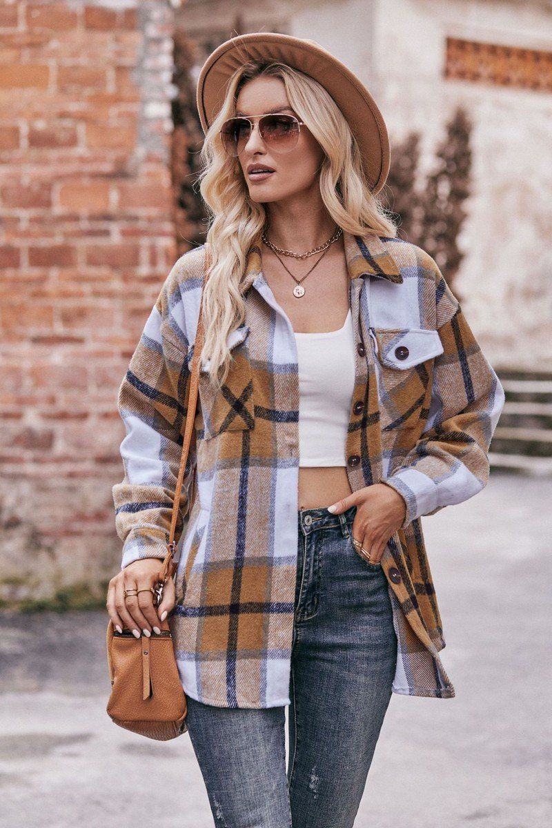 WOMEN FLIP TIE POCKET LOOSE PLAID JACKET