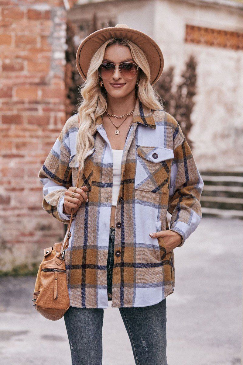 WOMEN FLIP TIE POCKET LOOSE PLAID JACKET