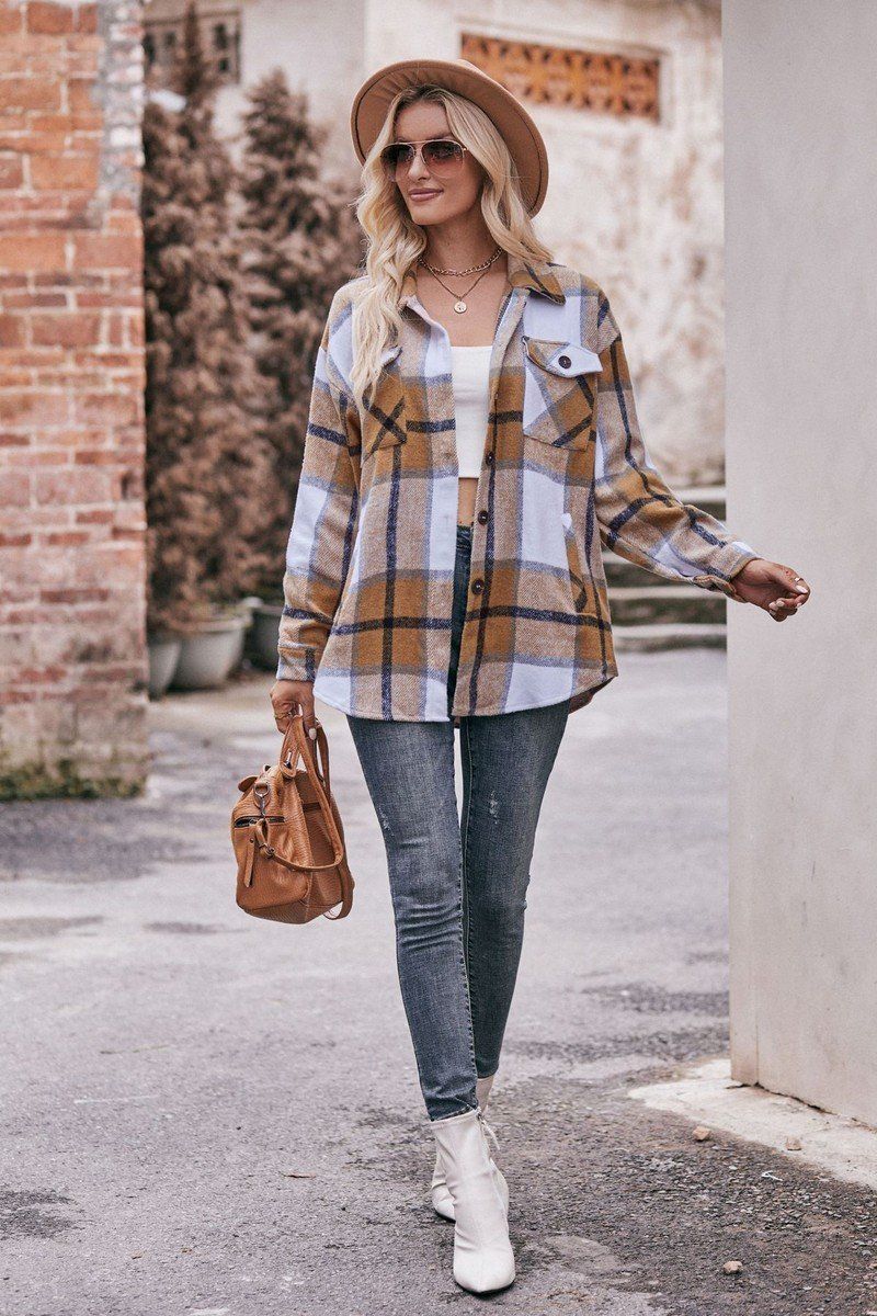 WOMEN FLIP TIE POCKET LOOSE PLAID JACKET