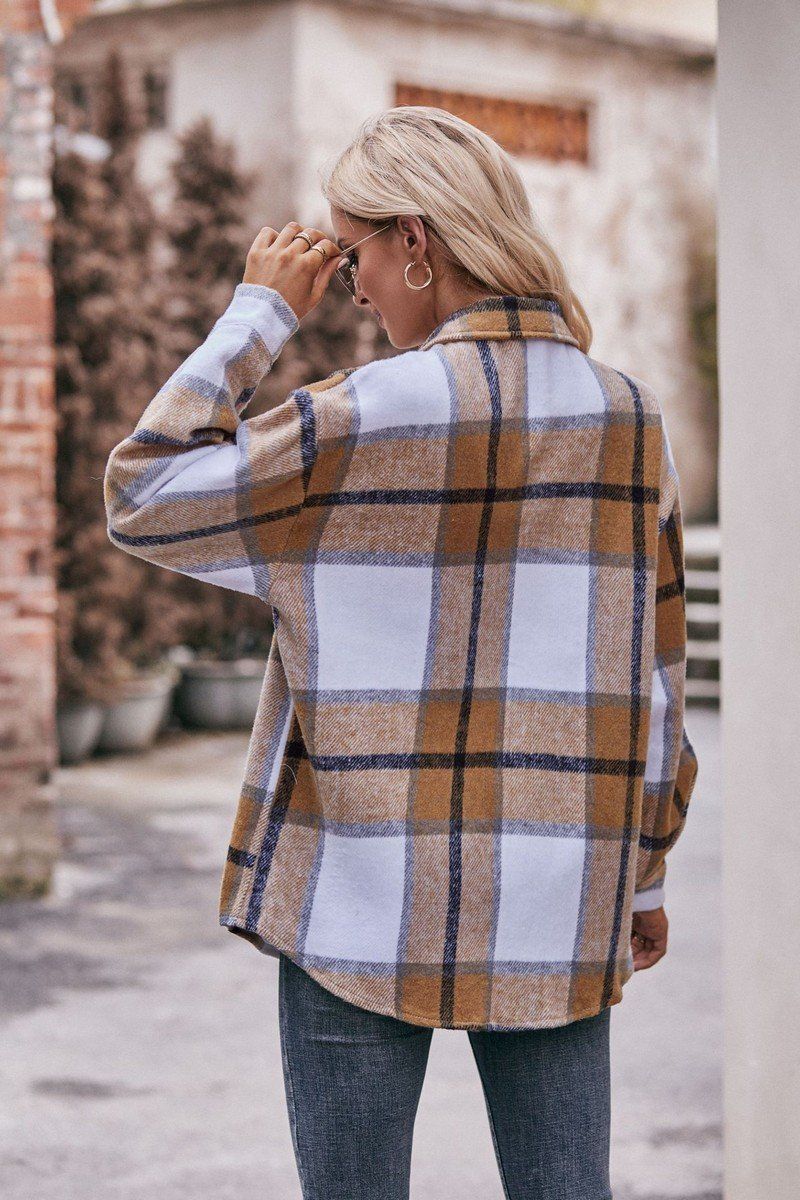 WOMEN FLIP TIE POCKET LOOSE PLAID JACKET