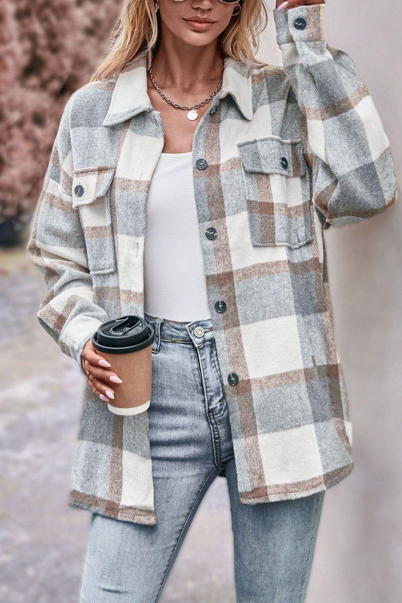 WOMEN FLIP TIE POCKET LOOSE PLAID JACKET