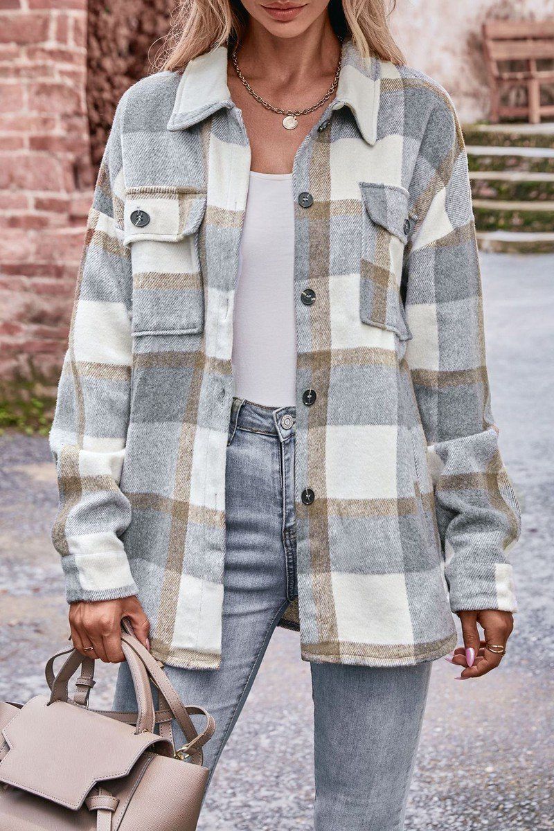 WOMEN FLIP TIE POCKET LOOSE PLAID JACKET