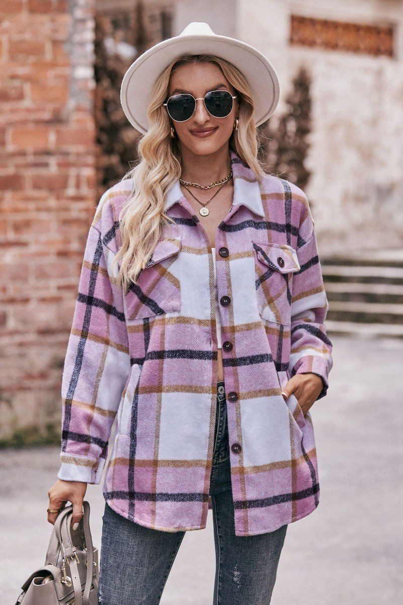 WOMEN FLIP TIE POCKET LOOSE PLAID JACKET