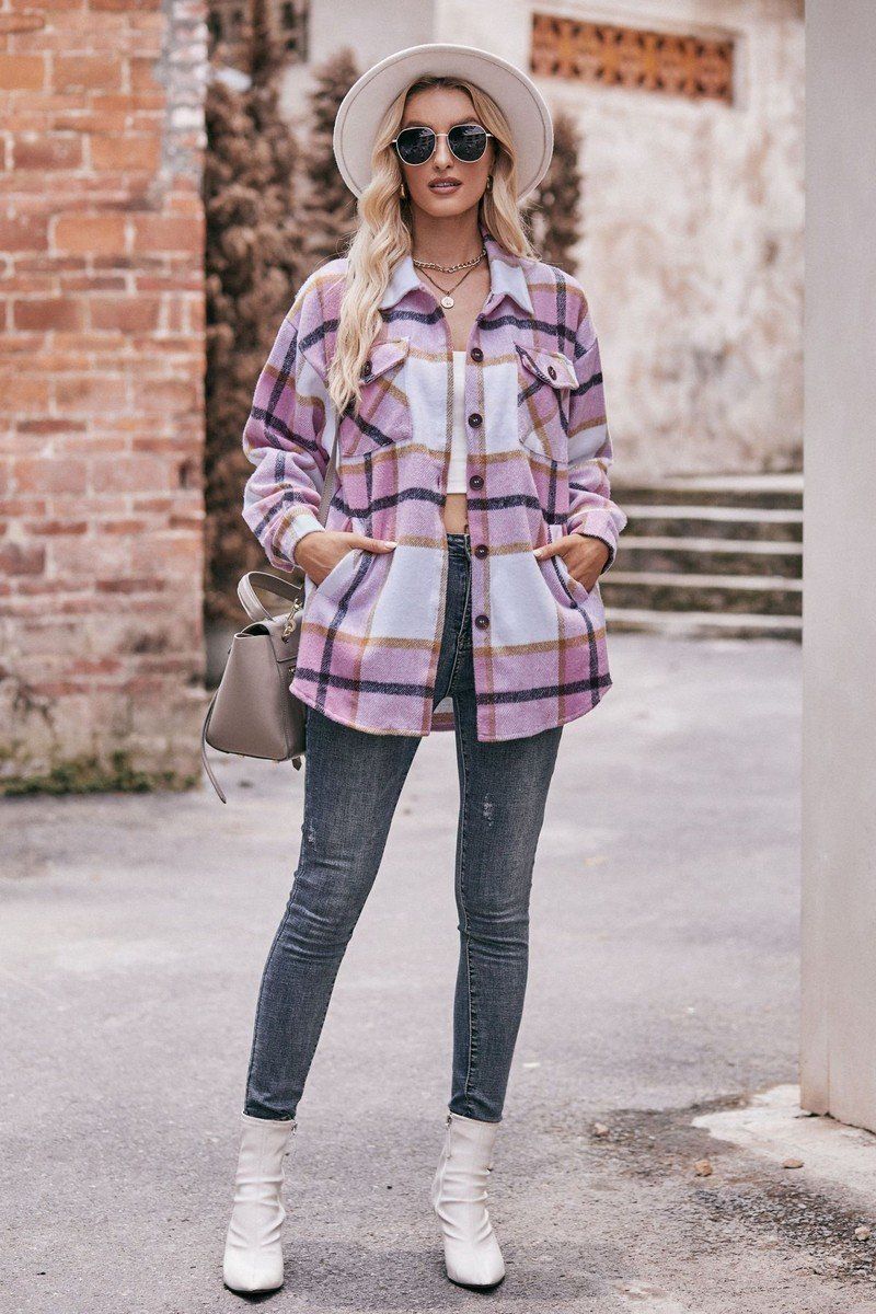 WOMEN FLIP TIE POCKET LOOSE PLAID JACKET