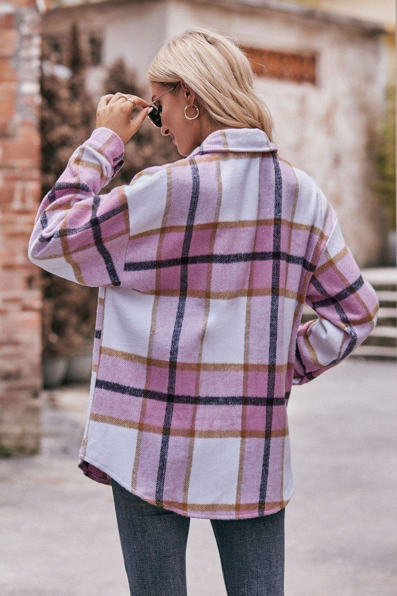 WOMEN FLIP TIE POCKET LOOSE PLAID JACKET