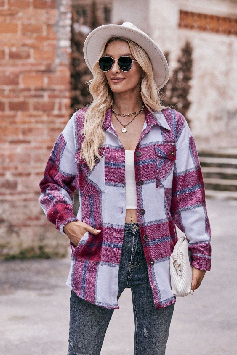 WOMEN FLIP TIE POCKET LOOSE PLAID JACKET