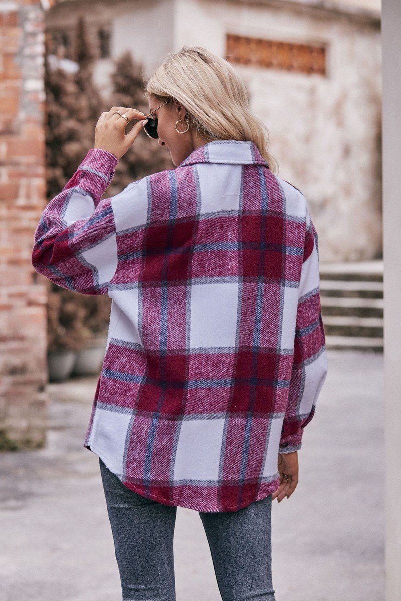 WOMEN FLIP TIE POCKET LOOSE PLAID JACKET