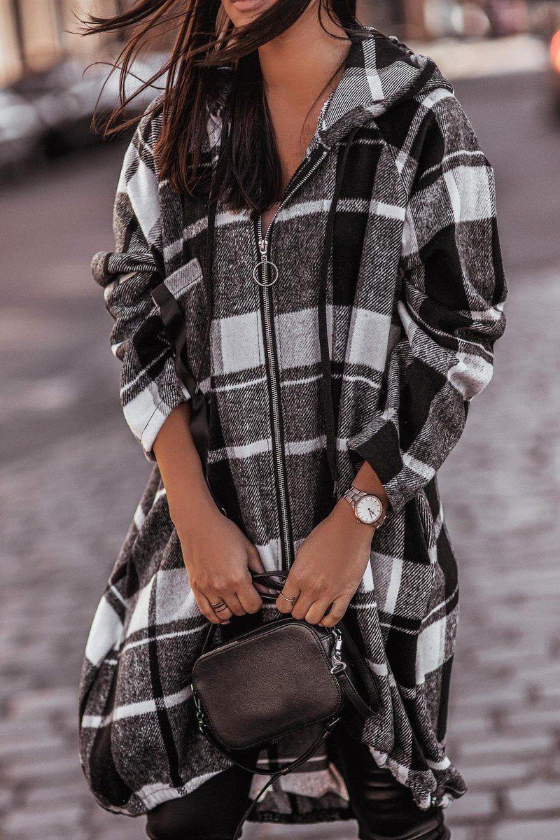 ELASTIC HEM ZIP UP PLAID PATTERN LONG JACKET