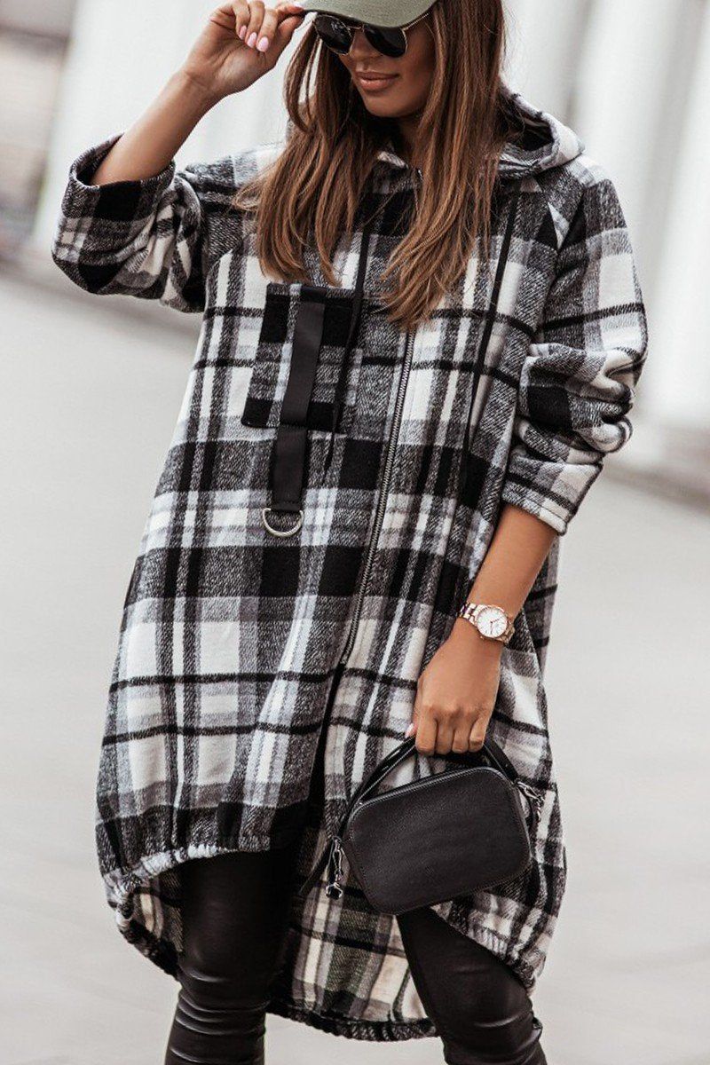 ELASTIC HEM ZIP UP PLAID PATTERN LONG JACKET