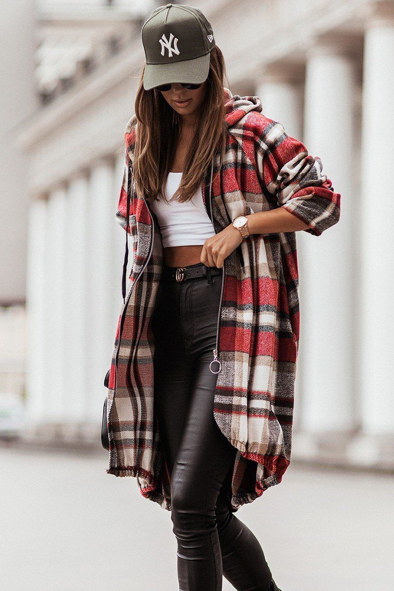 ELASTIC HEM ZIP UP PLAID PATTERN LONG JACKET